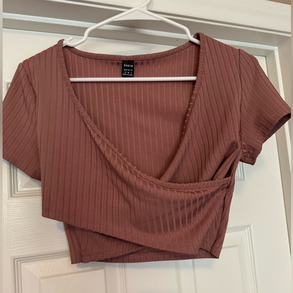 SHEIN Mauve Ribbed Wrap Crop Top